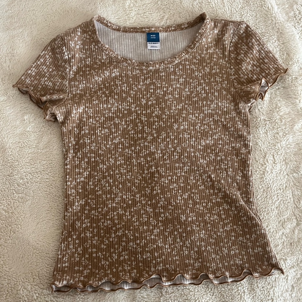 Brown Floral Ribbed Top